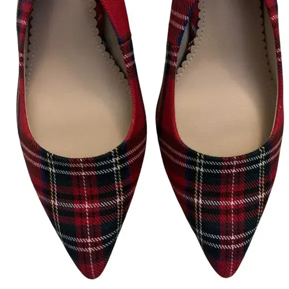 Isaac Mizrahi Red Green Plaid Slingback Pointed Toe Heels Size 8.5 Pumps Preppy - Picture 2 of 9